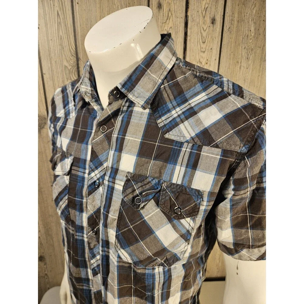 JNCO Crown Brand Shirt Mens Size Large Brown Blue Plaid Pearl Snap Button Up